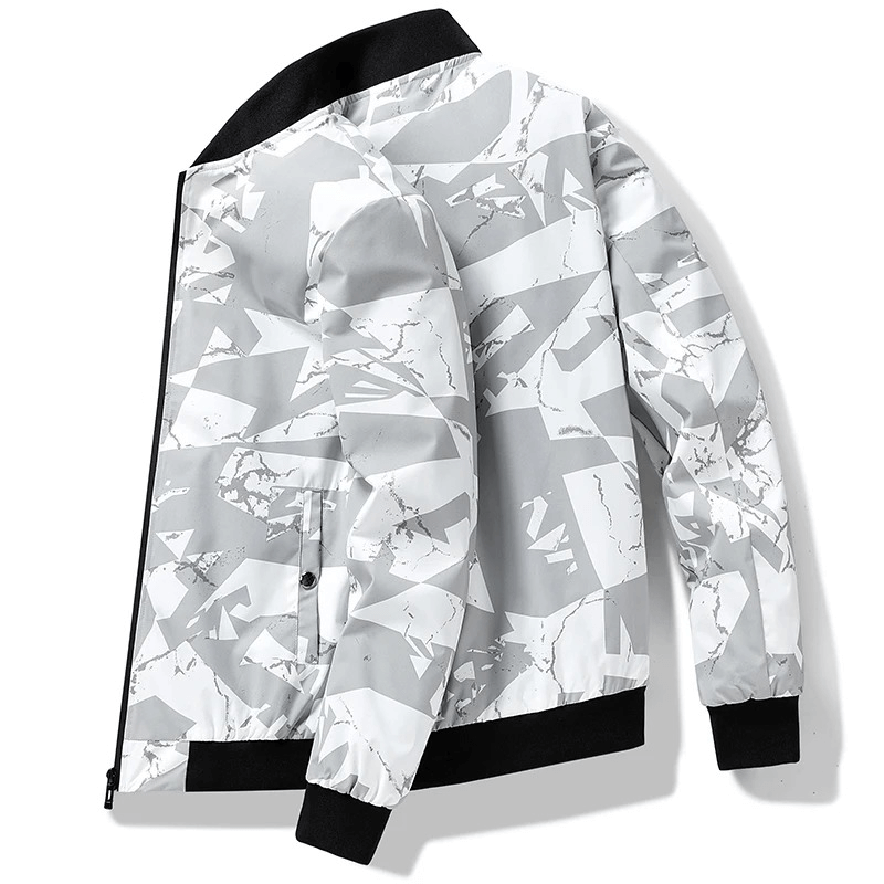 Men's tactical camo jacket in stylish grey pattern, weatherproof outerwear made of 100% polyester with zipper and cuff details, no hood.